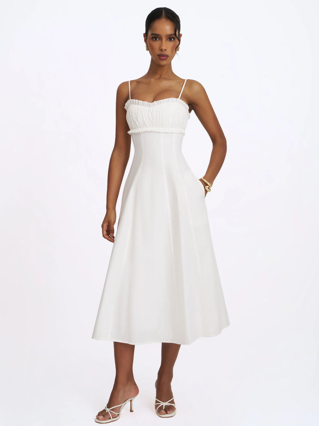 Vicenta White Cotton Poplin Ruched Midi Dress