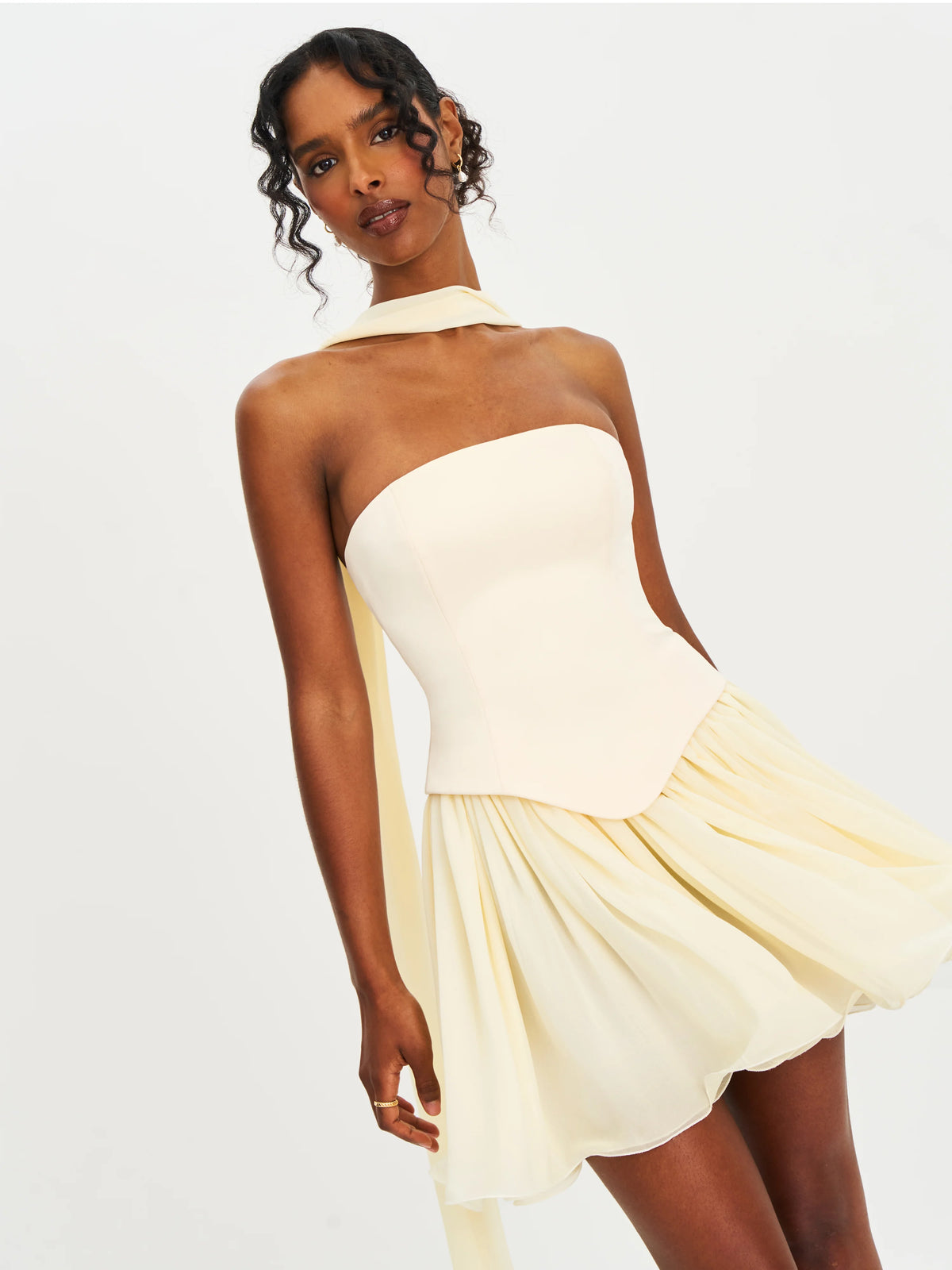 Valentina Butter Yellow Boned Curve Edge Peplum Mini Dress