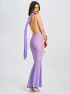 Olena Purple Burnout Velvet Animal Print Mesh Halter Neck Maxi Dress