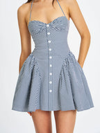 Melody Navy Blue Cotton Poplin Stripe Halter Drop Waist Mini Dress