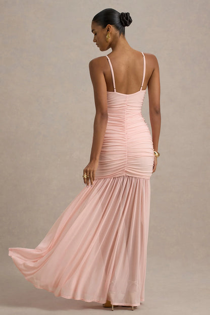 Pasqualina Pink Ruched Plunge Neck Maxi Dress