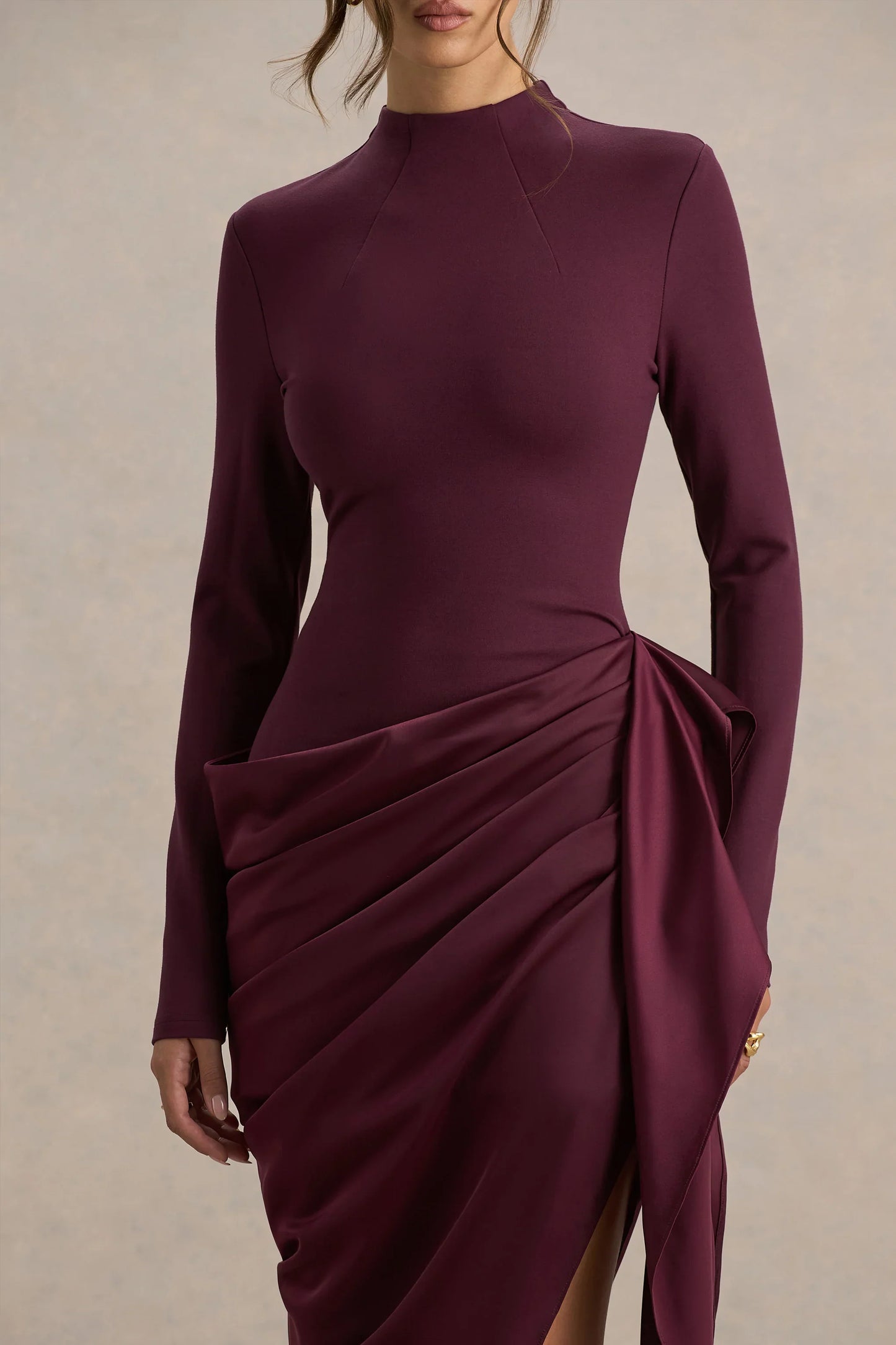 Raffie Plum Long Sleeve Midi Dress With Satin Wrap Skirt