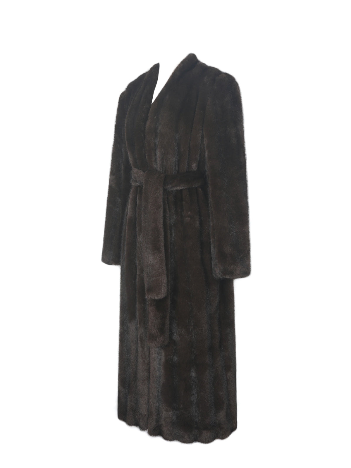 Celine Espresso Faux Mink Belted Longline Coat
