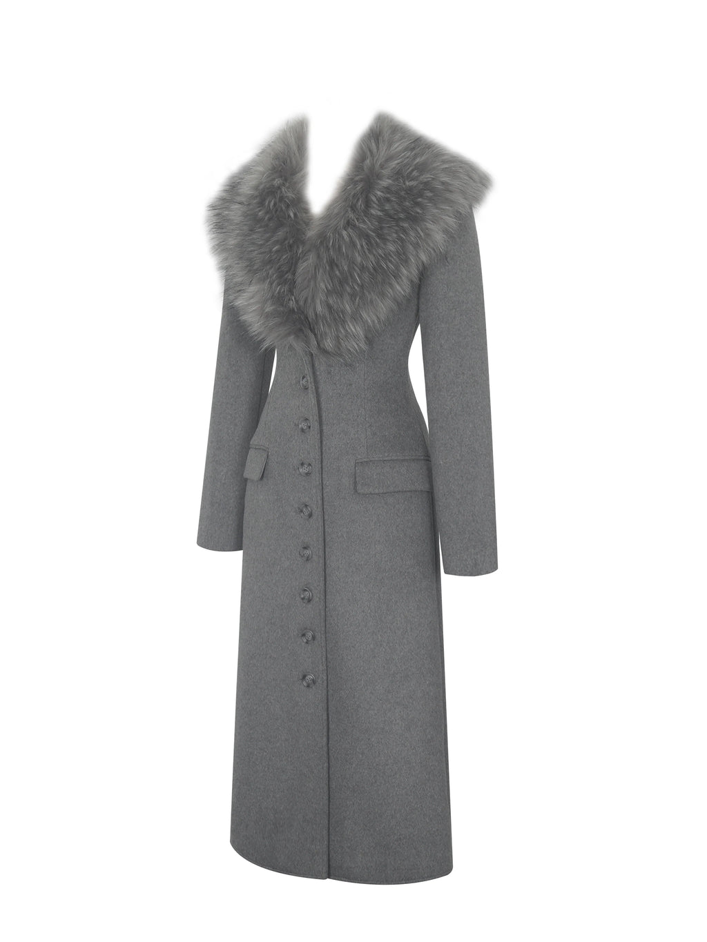 Faye Grey Wool Blend Single Breasted Coat with Removable Faux Fur Collar