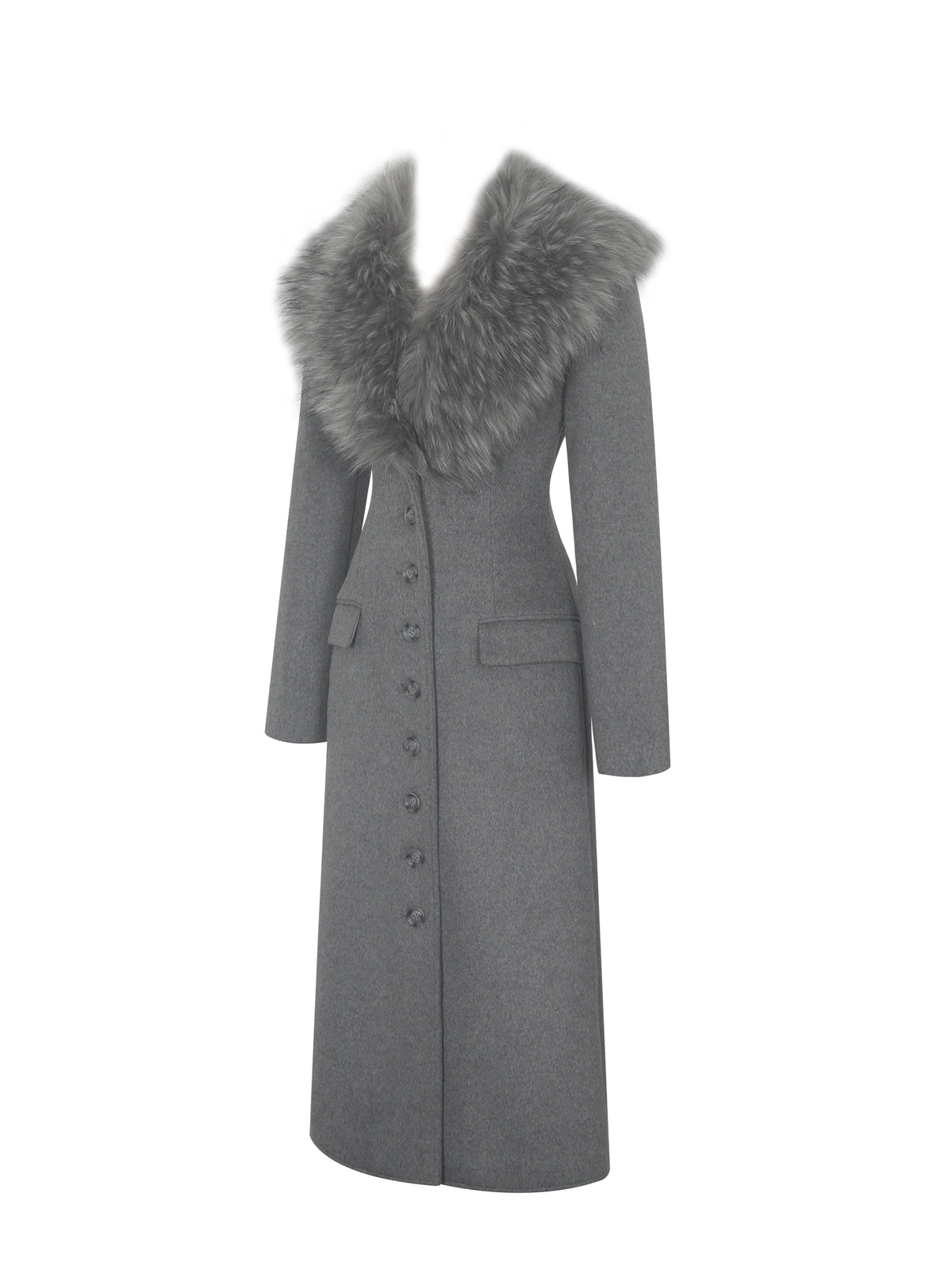 Faye Grey Wool Blend Single Breasted Coat with Removable Faux Fur Collar