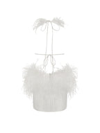 Quisten White Feathered Plunging Halter Mini Dress