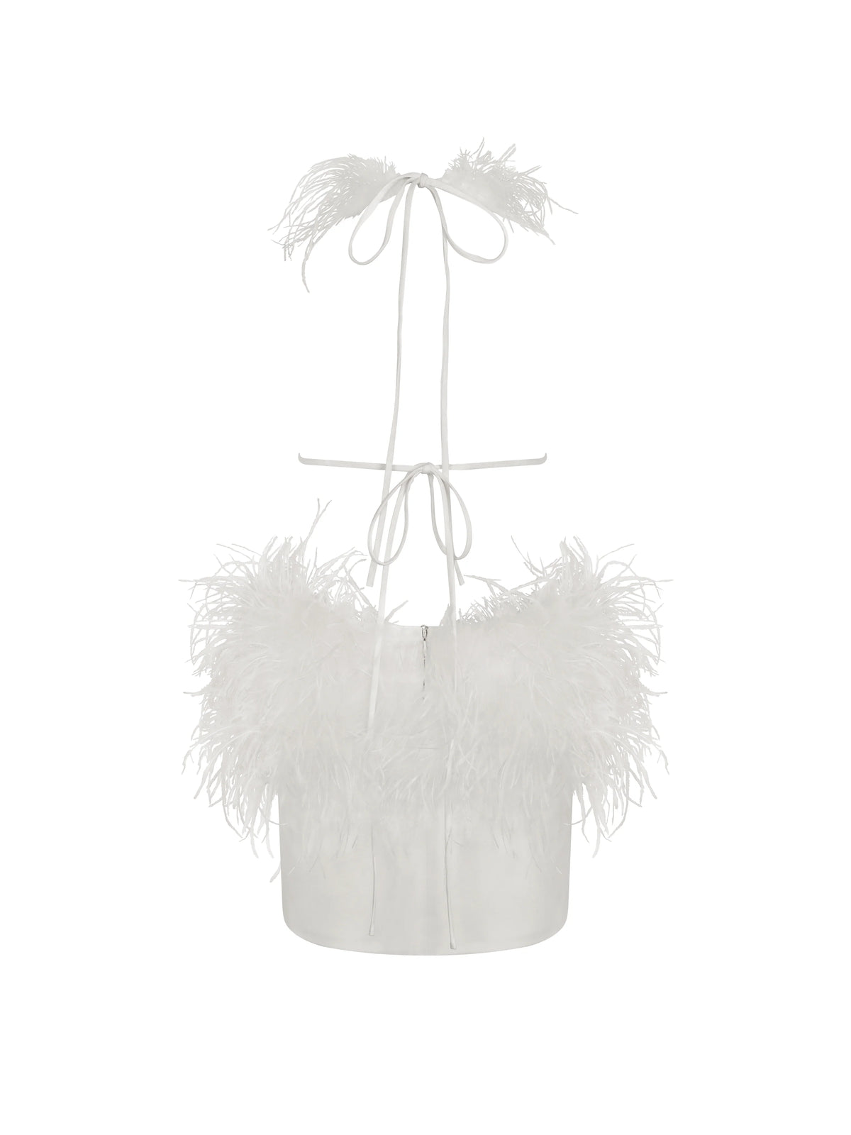 Quisten White Feathered Plunging Halter Mini Dress