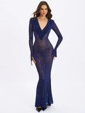 Ilyse Navy V Neck Plunge Animal Print Mermaid Hem Maxi Dress