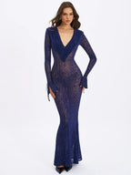 Ilyse Navy V Neck Plunge Animal Print Mermaid Hem Maxi Dress