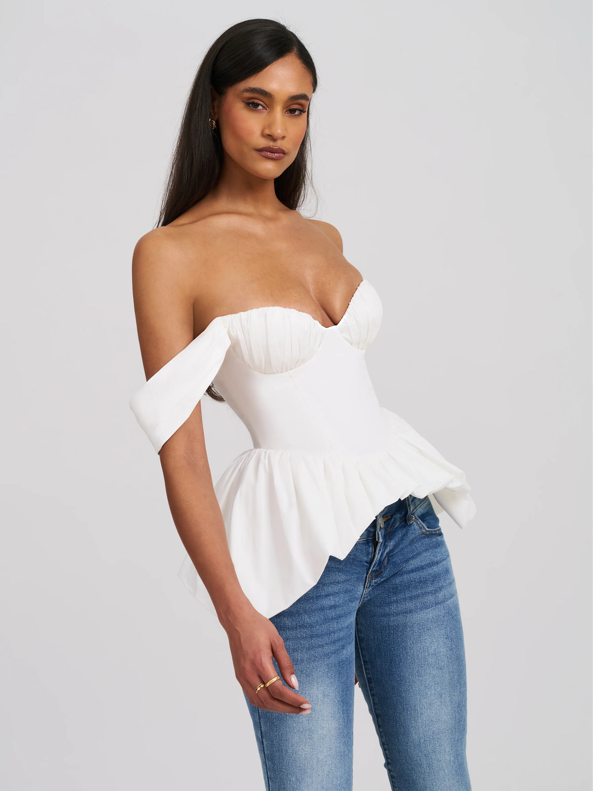 Qistina White Off shoulder Bubble Hem Peplum Cotton Top