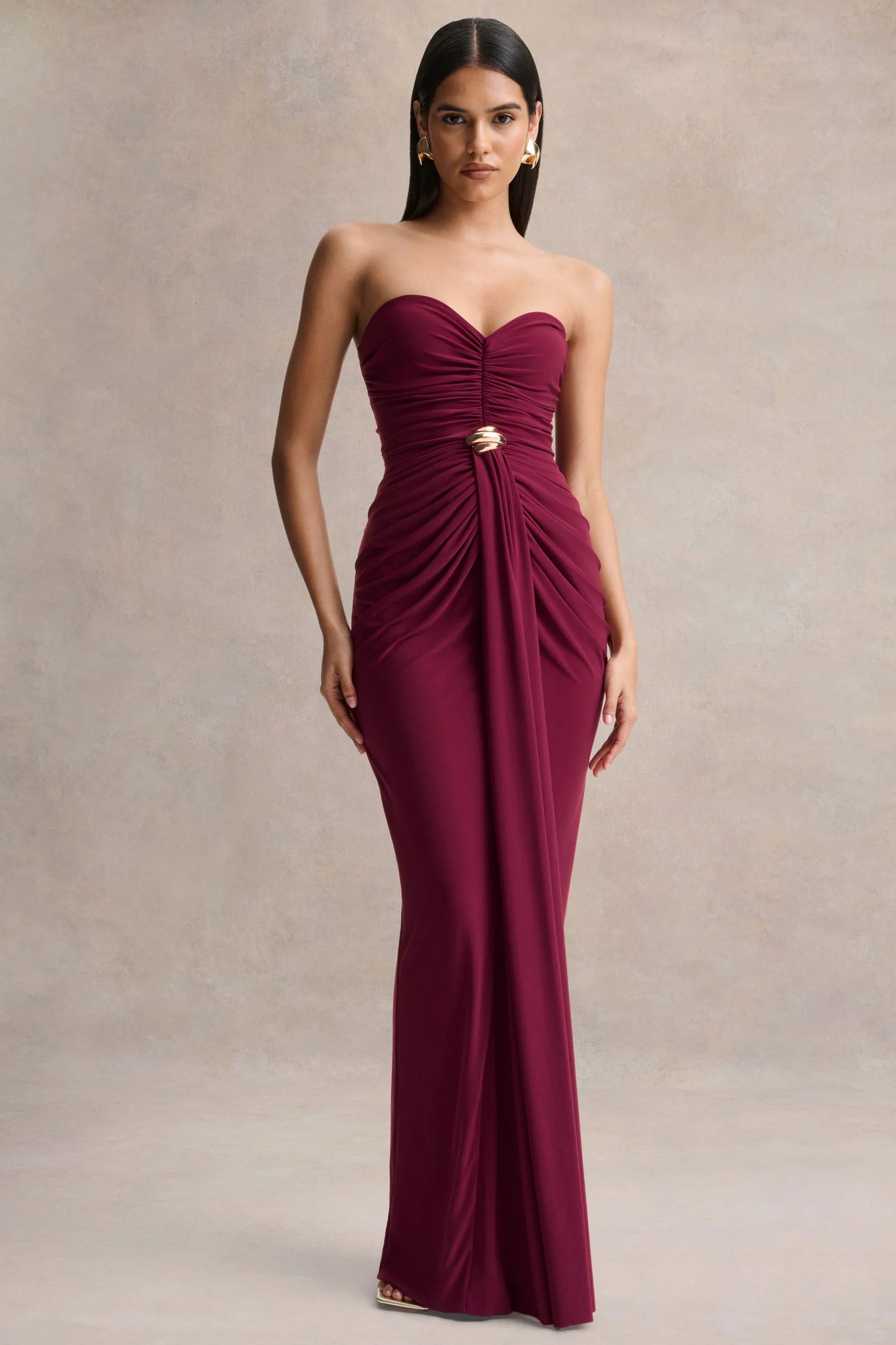 Beverly Burgundy Bandeau Maxi Dress With Gathered Detailing