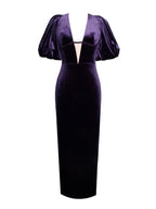 Coraline Purple Velvet Bubble Sleeve Backless Maxi Dress Archive Sale