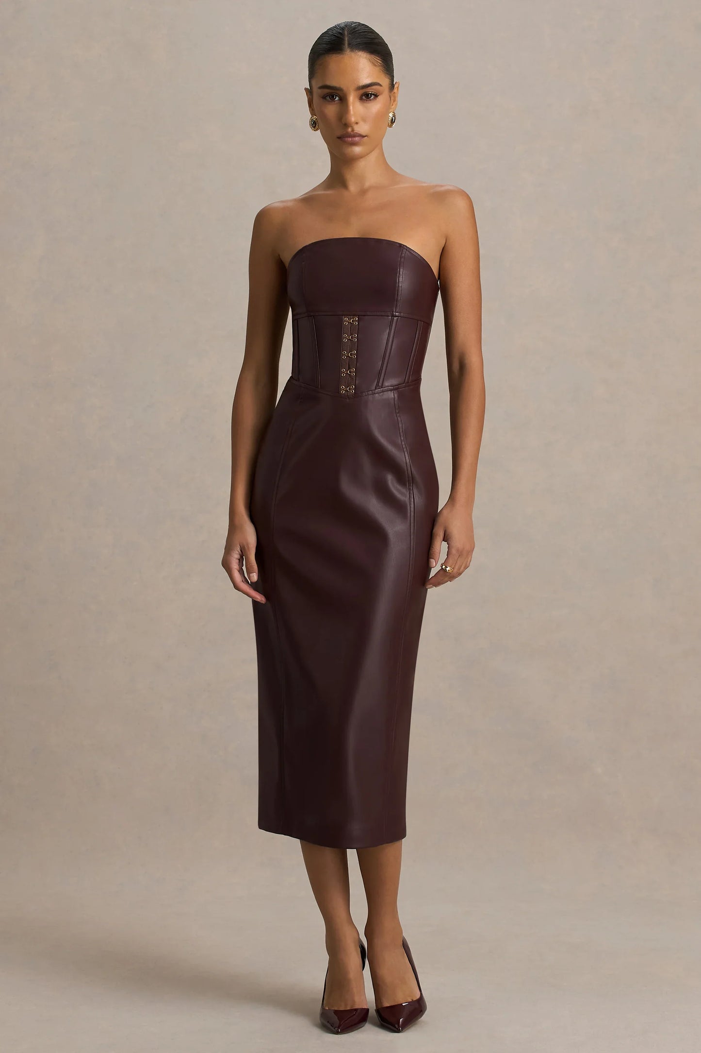 Zola Burgundy Faux Leather Bandeau Midi Dress
