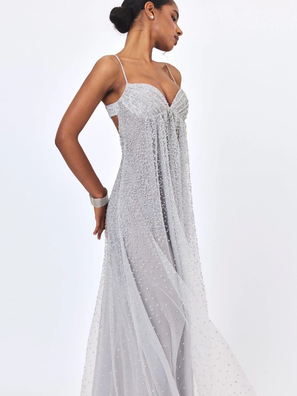 Wallie Silver Rhinestone Embellished Mesh Backless Gown