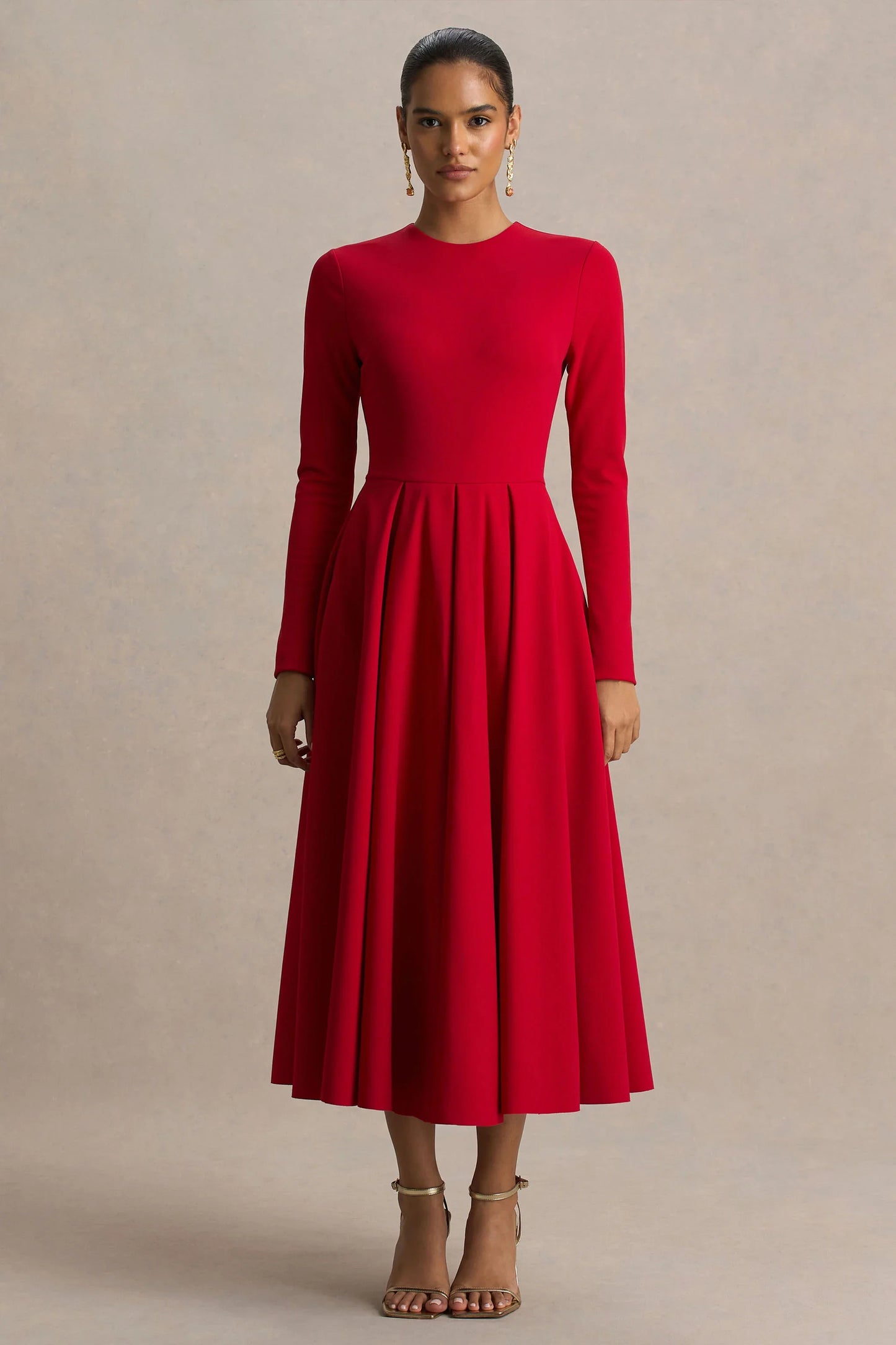 Bellamy Red Crew Neck Long Sleeve Midi Dress
