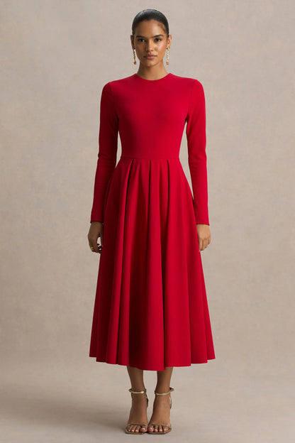 Bellamy Red Crew Neck Long Sleeve Midi Dress