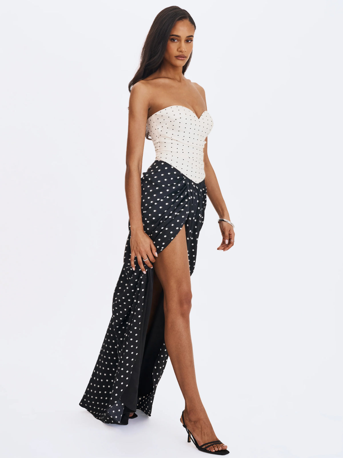 Tamryn Black White Polka Dot Sweetheart Maxi Dress
