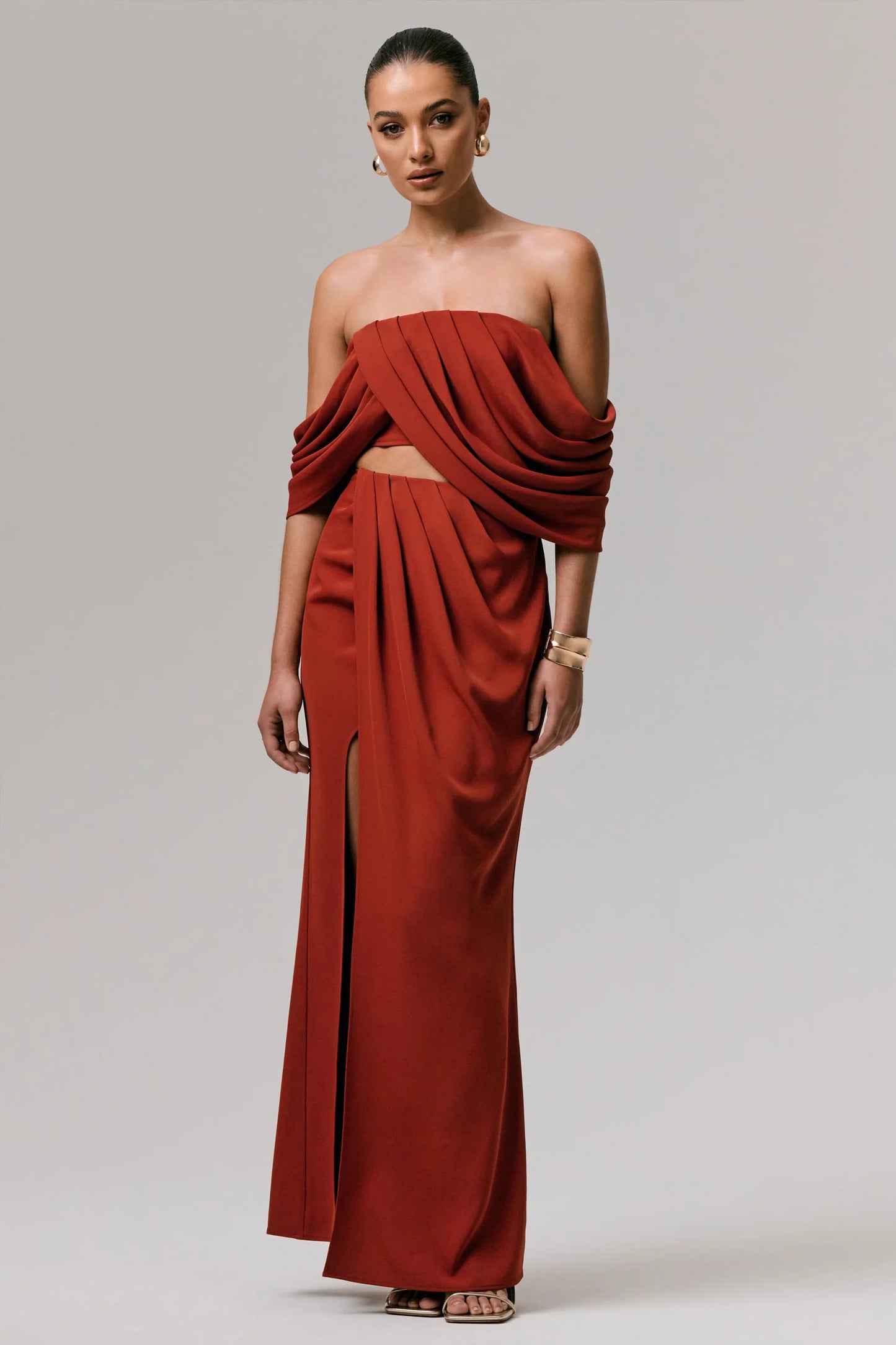 Zelina Terracotta Mid Rise Maxi Skirt with Split