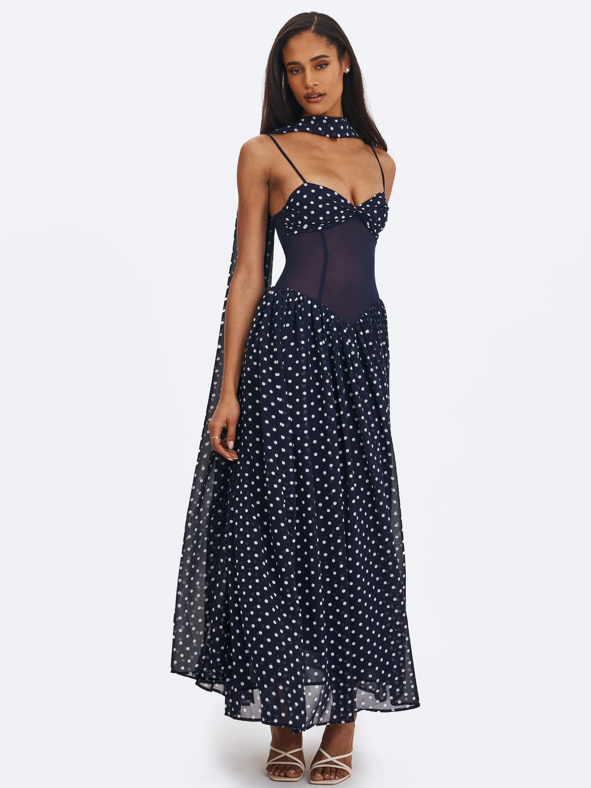 Juliette Navy Blue Polka Dot Chiffon Maxi Dress
