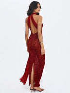 Cerise Scarlet Burnout Velvet Multiwear Mesh Ribbon Maxi Dress