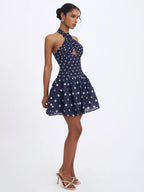 Yamina Navy Polka Dot Ramie Crossover Halter Gathered Mini Dress