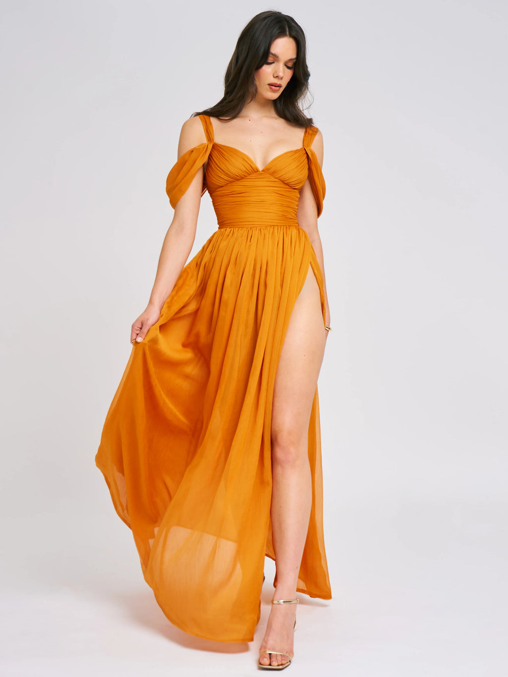 Jelani Layered Mesh High Slit Drape Maxi Dress