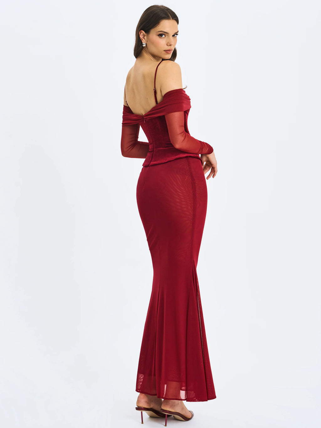 Maybelle Magenta Bardot Lace Strap Peplum Maxi Dress