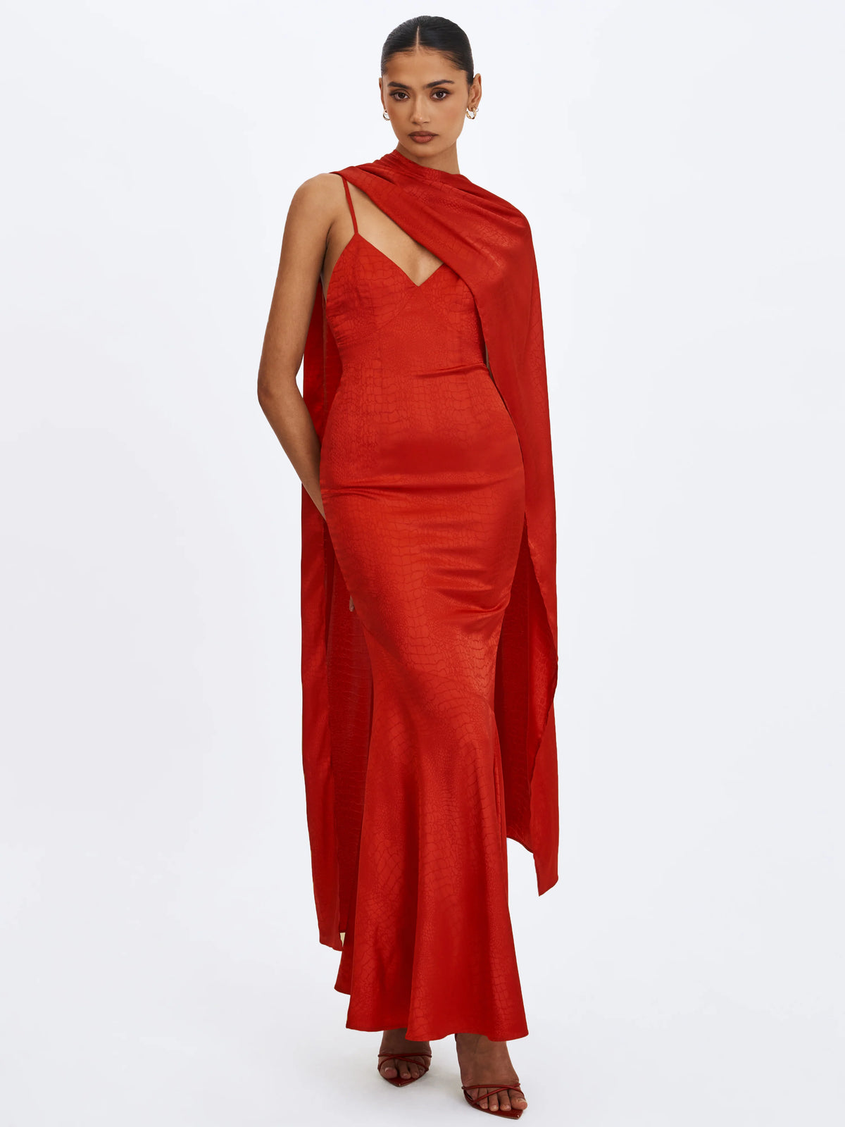 Kelsey Scarlet Croc Embossed Flared Hem Maxi Dress with Scarf
