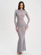 Waylynn Gray Animal Print Burnout Velvet Detail Mesh Backless Maxi Dress