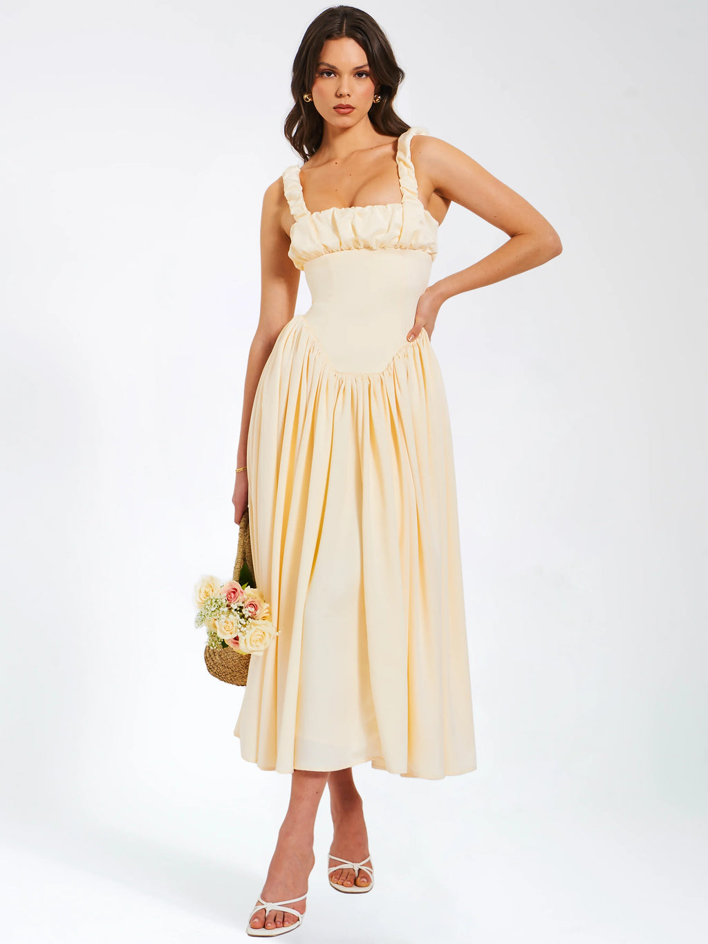 Noreen Egg White Satin Drop Waist Maxi Sundress Archive Sale