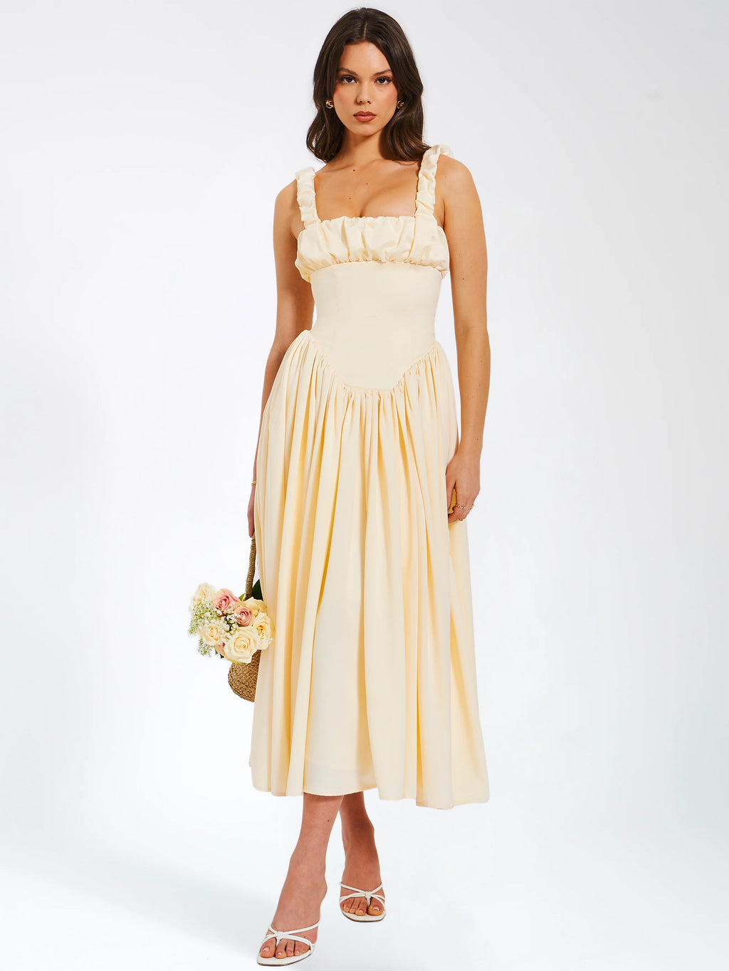 Noreen Egg White Satin Drop Waist Maxi Sundress Archive Sale