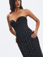 Preslie Black Satin Crystal Mesh Sheath Maxi Dress