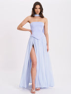 Qianna Baby Blue Peplum Drop Waist Chiffon Gown