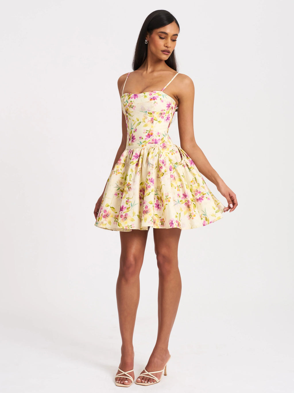Valda Yellow and Pink Print Linen Mini Dress with Pockets