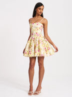 Valda Yellow and Pink Print Linen Mini Dress with Pockets
