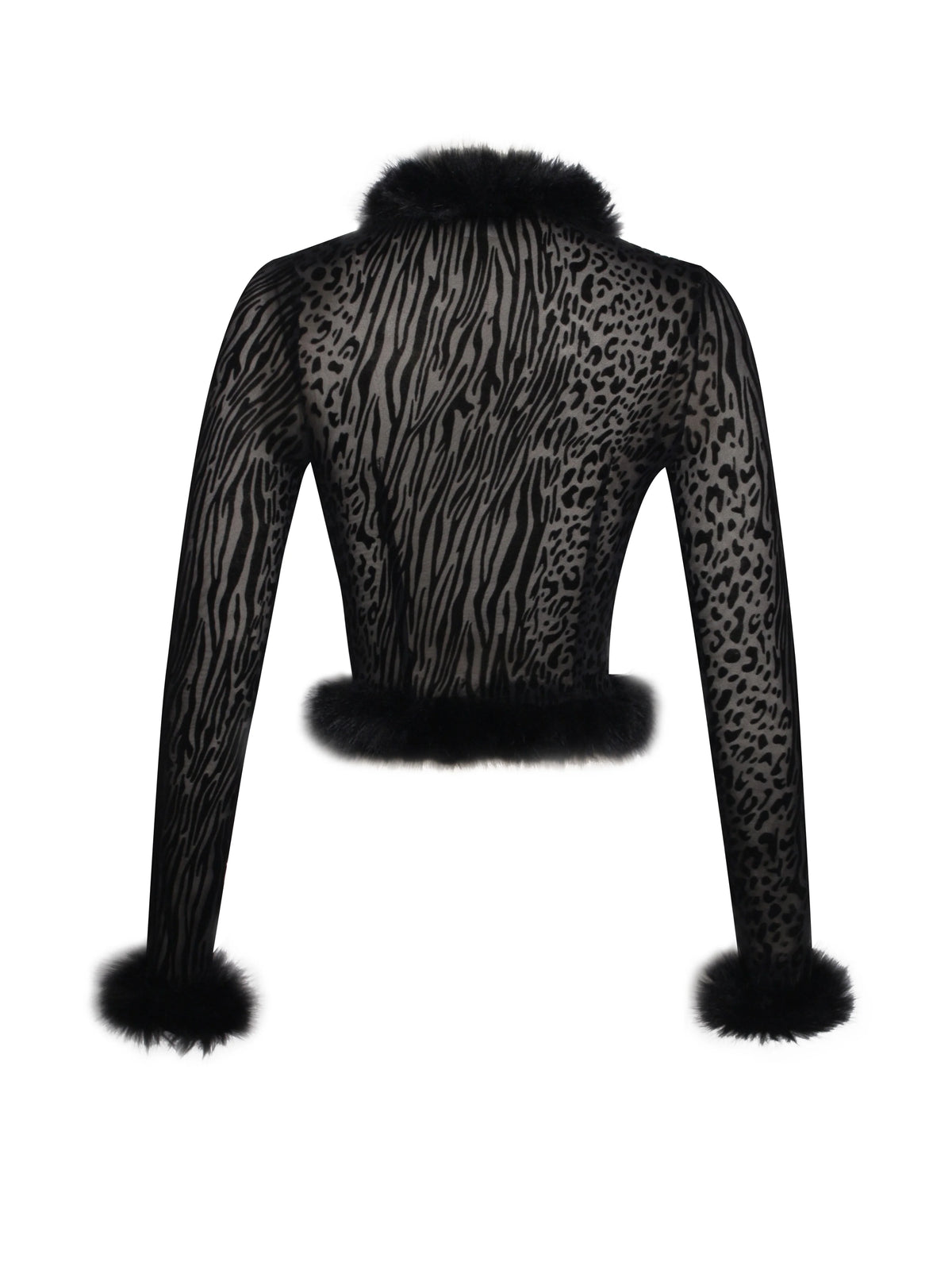 Hali Black Animal Print Burnout Velvet Fur Trim Top
