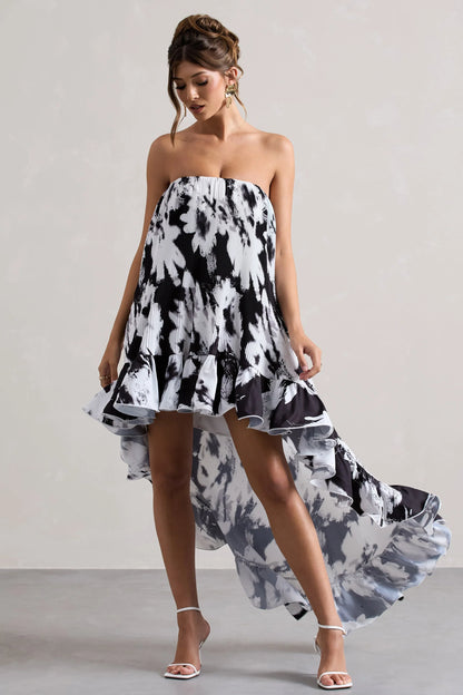 Whistler Monochrome Floral Chiffon Bandeau High Low Ruffled Maxi Dress