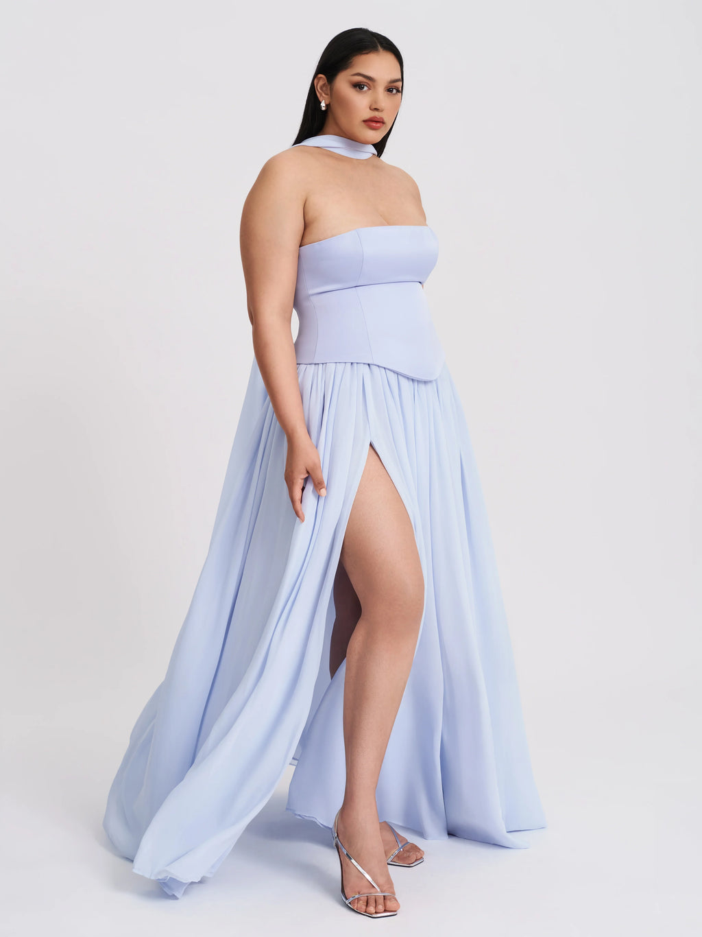 Qianna Baby Blue Peplum Drop Waist Chiffon Gown