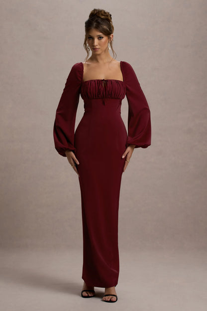 Nika Berry Satin Square Neck Balloon Sleeve Maxi Dress