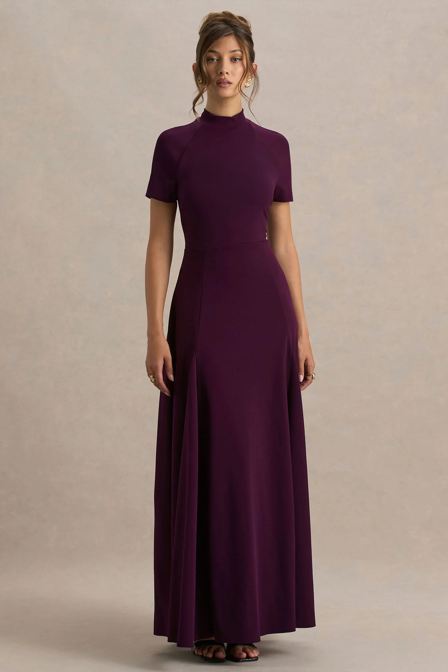 Alea Burgundy High Neck Short Sleeve Maxi Dress