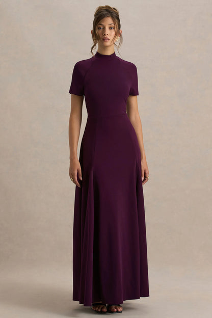 Alea Burgundy High Neck Short Sleeve Maxi Dress