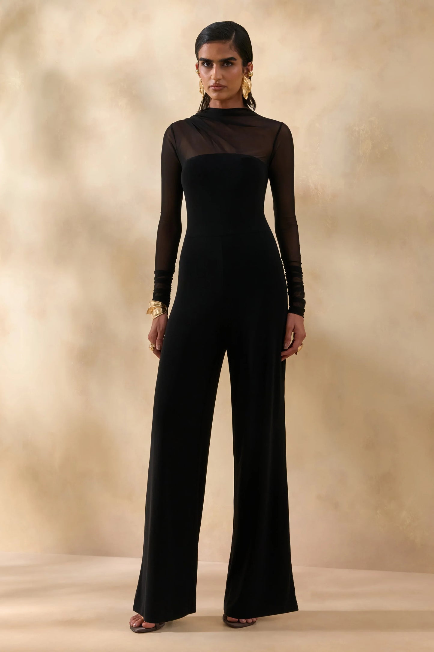 Emeria Black High Neck Jumpsuit With Long Mesh Sleeves