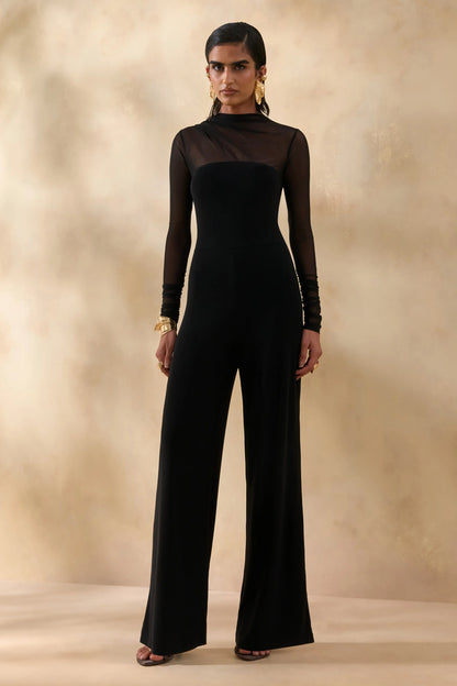Emeria Black High Neck Jumpsuit With Long Mesh Sleeves