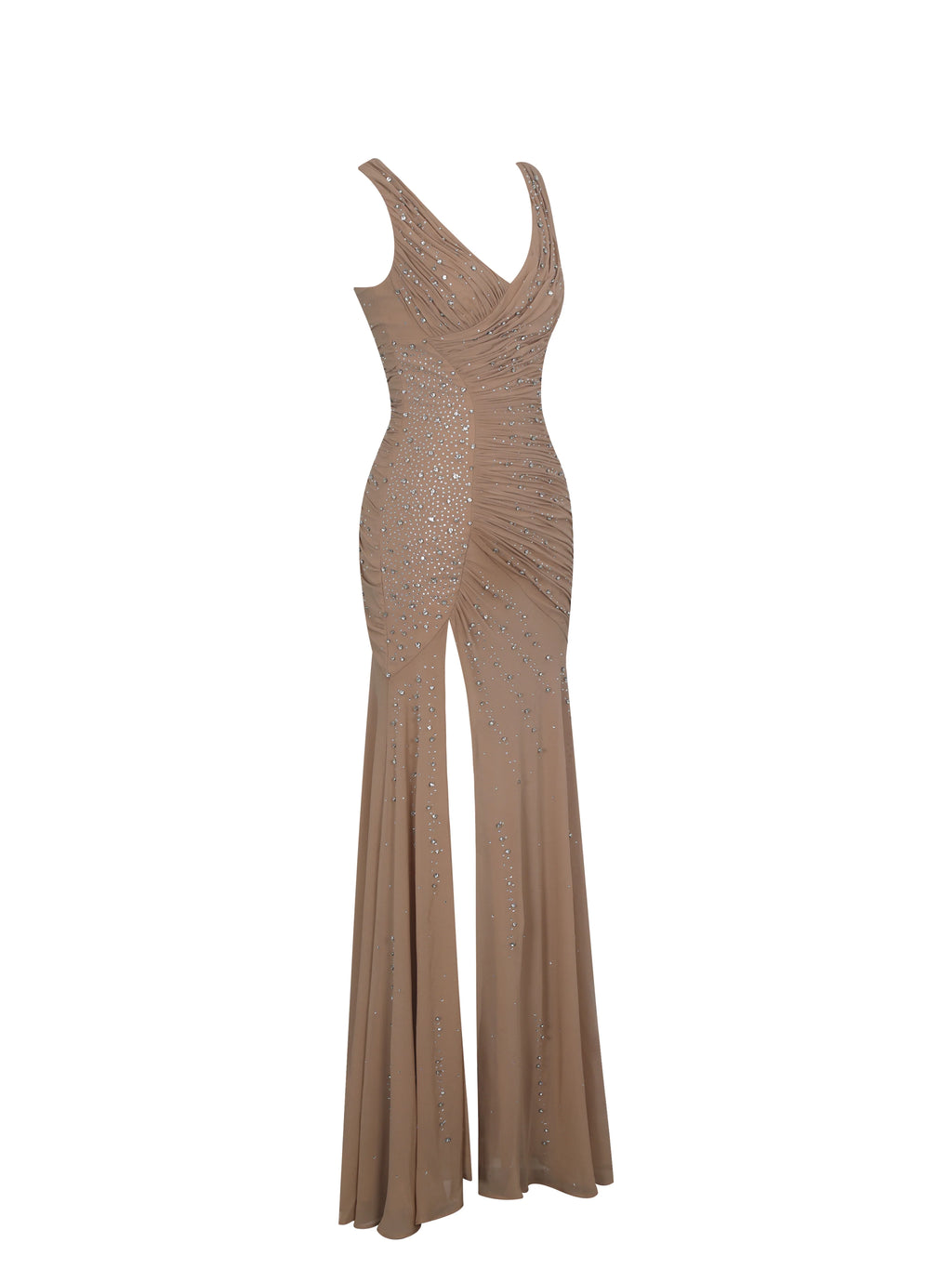 Viveca Apricot Crystal Embellished Asymmetrical Ruched Maxi Dress
