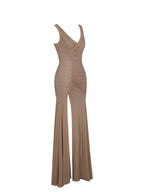 Viveca Apricot Crystal Embellished Asymmetrical Ruched Maxi Dress