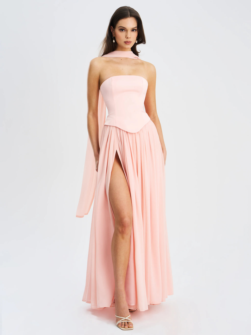 Qianna Baby Pink Peplum Drop Waist Chiffon Gown