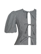 Qusayla Black Gingham Cotton Bubble Sleeve Bowtie Top