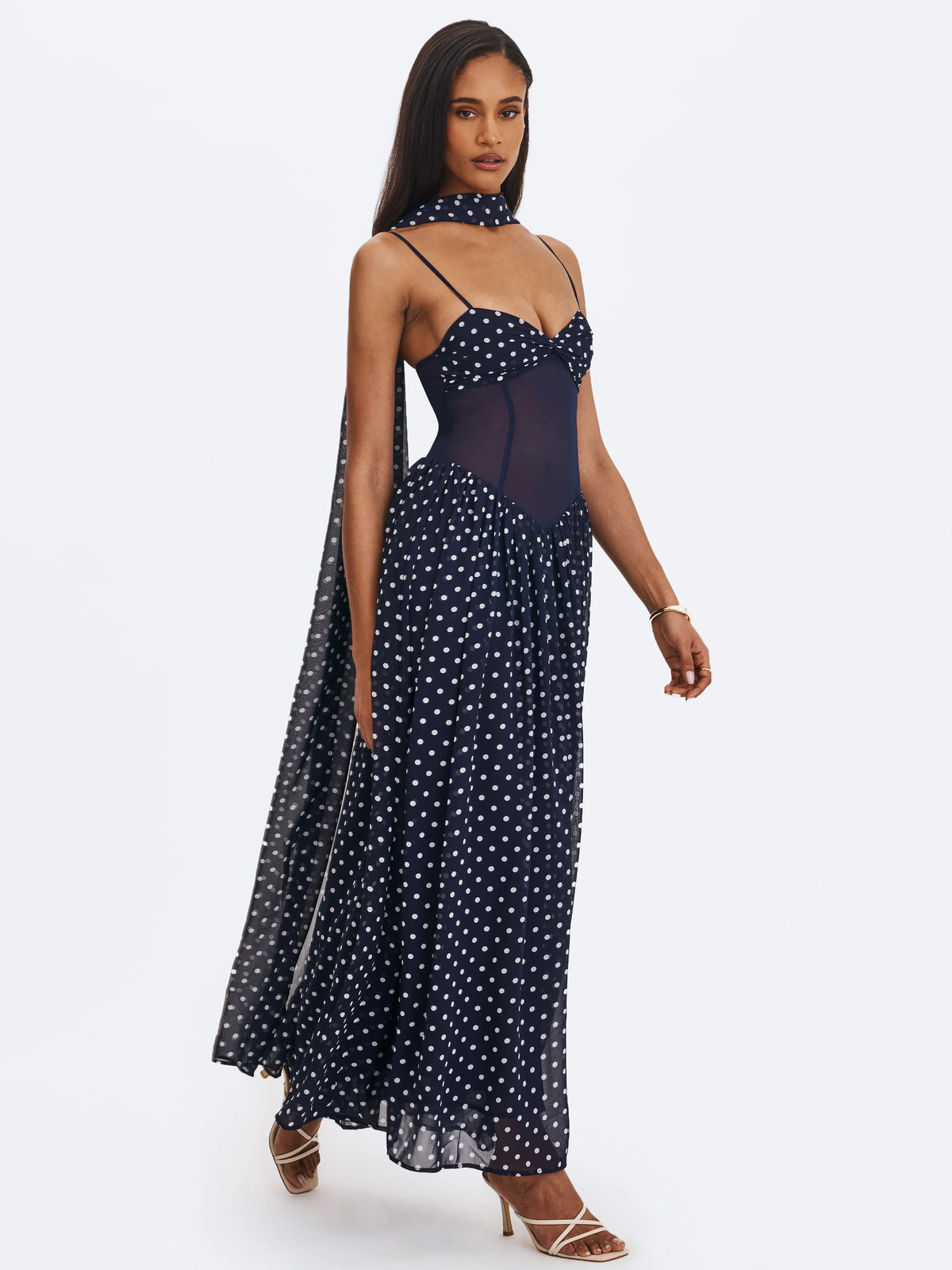 Juliette Navy Blue Polka Dot Chiffon Maxi Dress