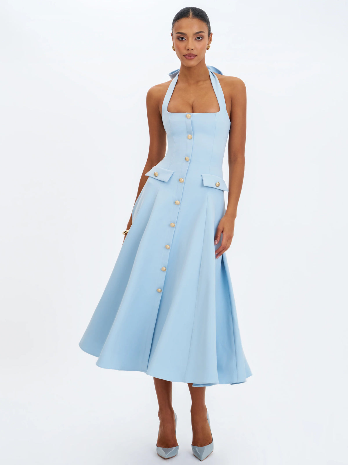 Gillian Mist Blue Halter A Line Midi Dress