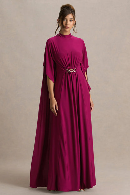 Olessia Burgundy Belted Gathered Cape Sleeve Maxi Dress